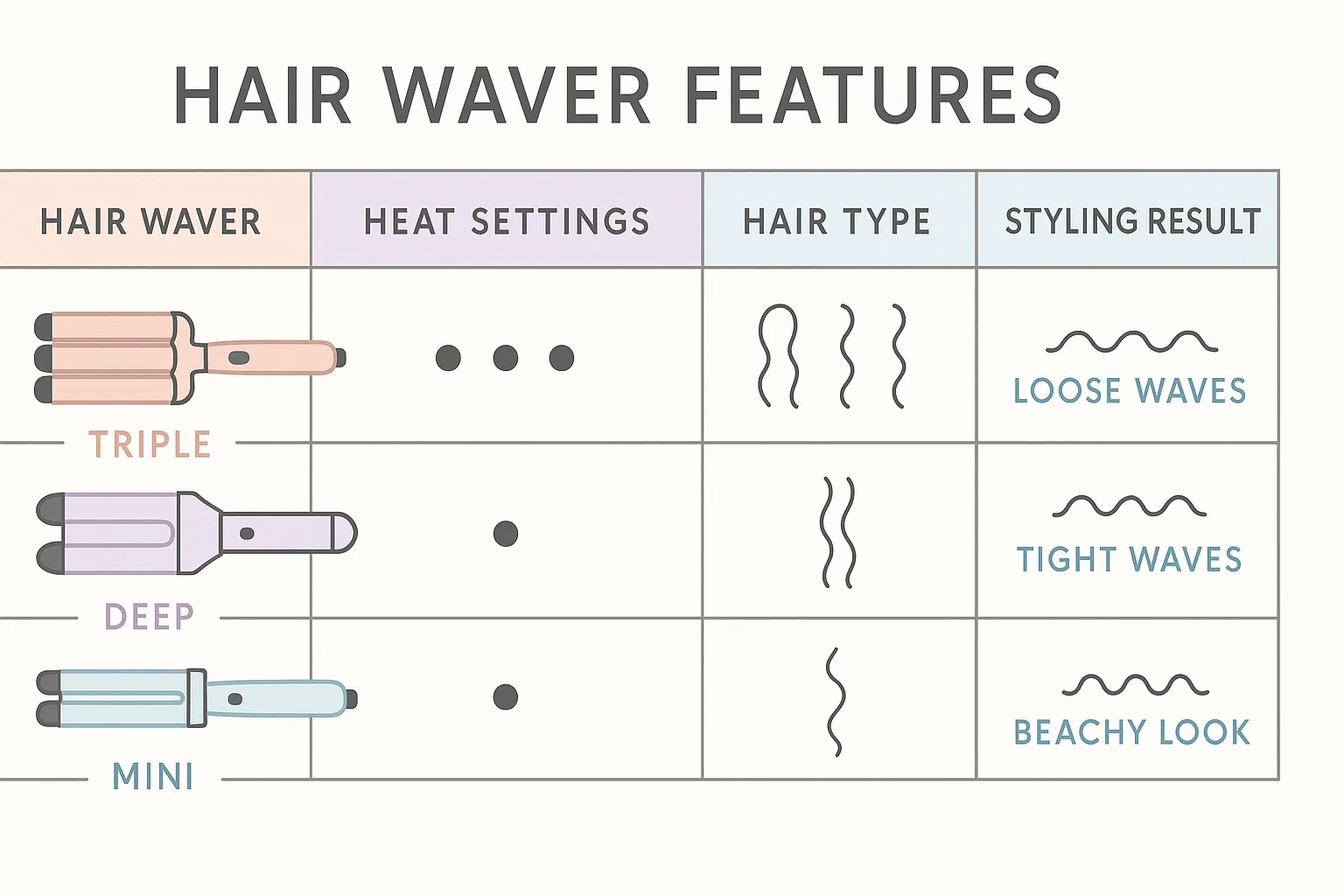 A table or chart comparing hair waver features for different hair types